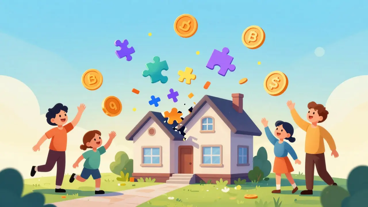 Illustration of a house breaking into digital tokens for fractional ownership.