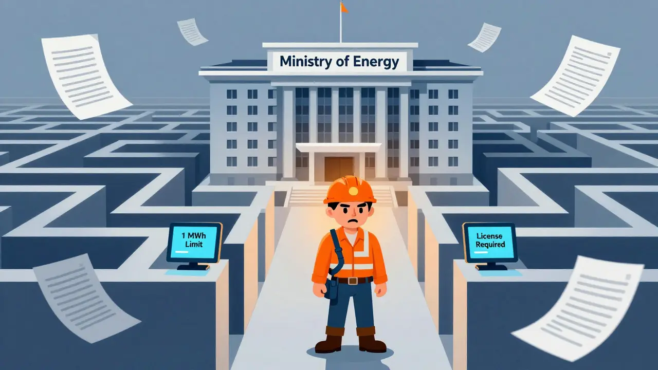 Illustration of a miner facing bureaucratic hurdles and limits at a government energy office.