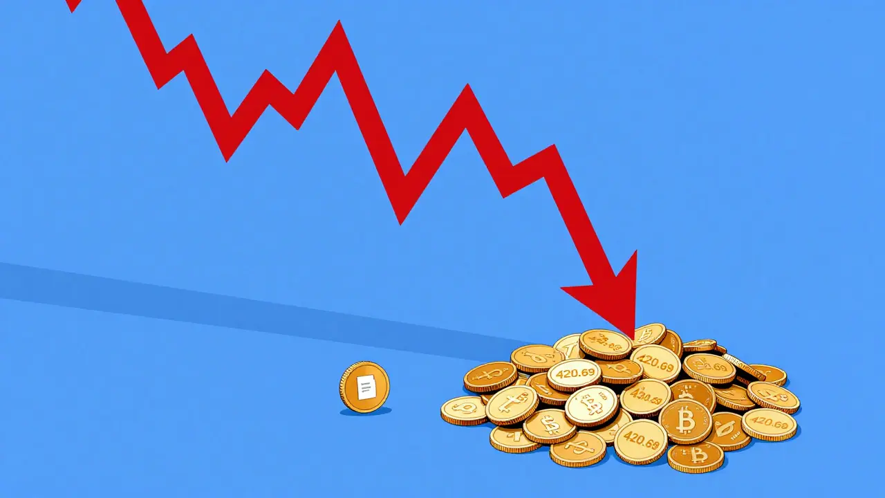Illustration of crashing crypto price graph and massive token supply pile