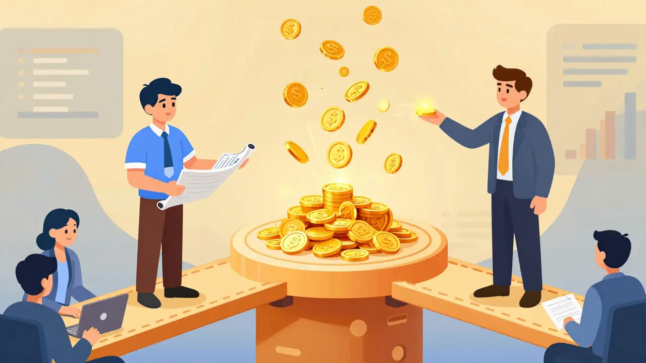 Illustration of developers earning tokens for contributing to the platform.