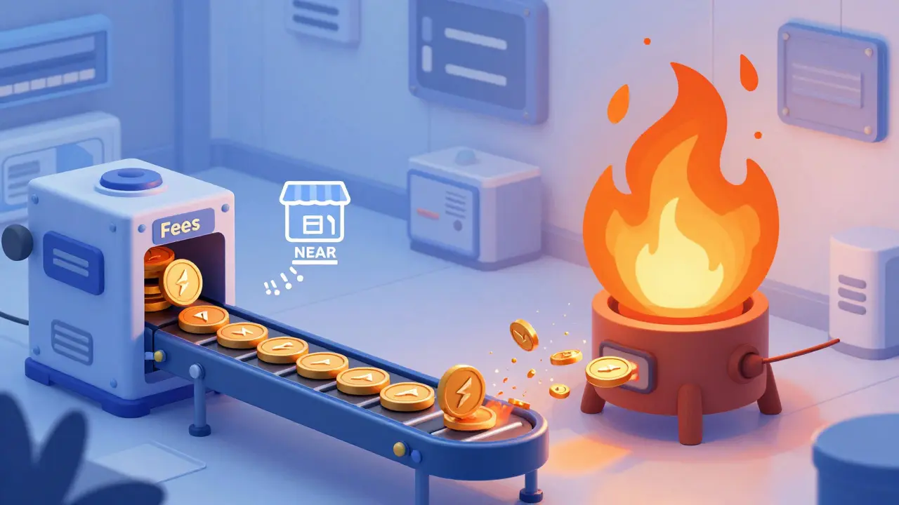 Illustration of ETH fees converting to buy and burn AURORA tokens in a furnace.