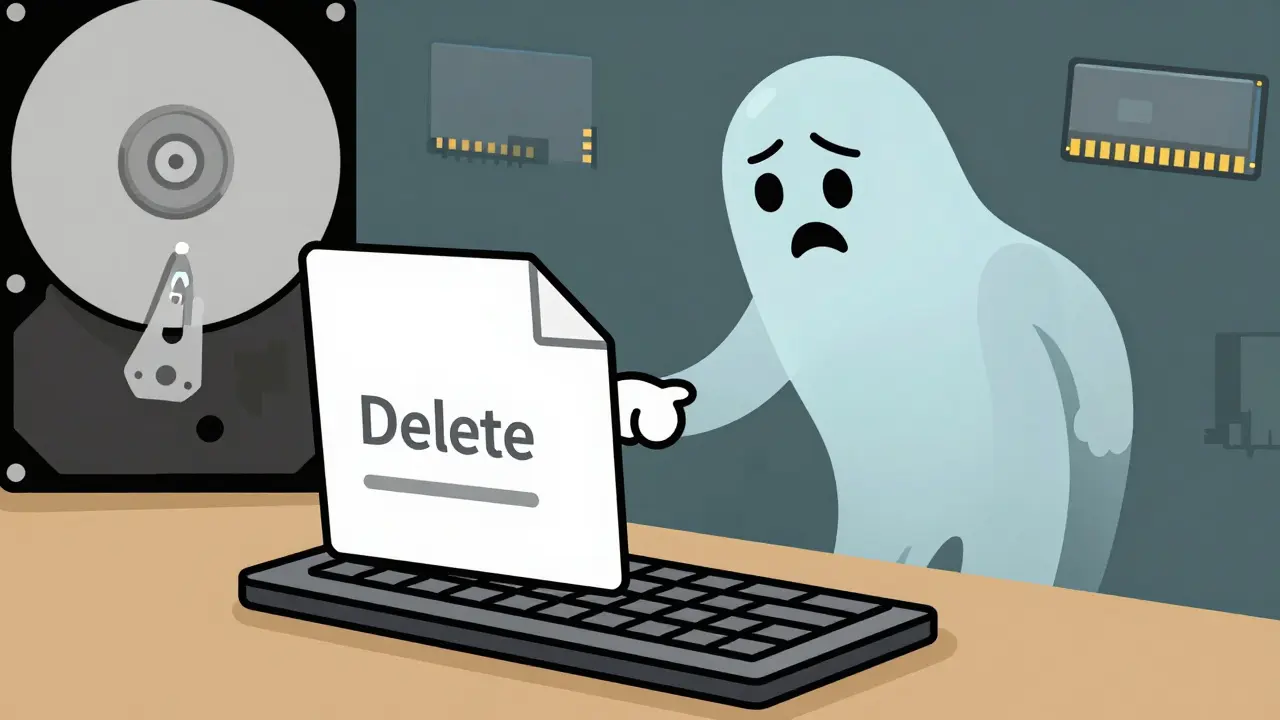 Illustration showing deleted files lingering as ghosts on a drive.