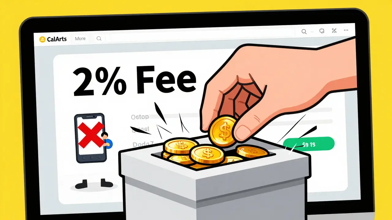 Illustration showing high withdrawal fees stealing coins and lack of mobile app access.