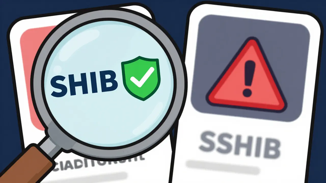 Illustration showing safe verified SHIB contract vs risky anonymous SSHIB clone token