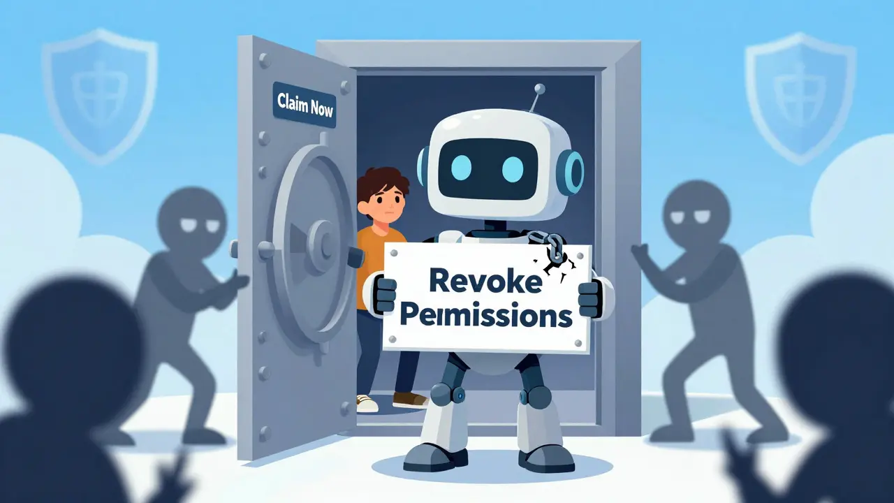 Robot guardian protecting a digital wallet from sneaky scammer figures