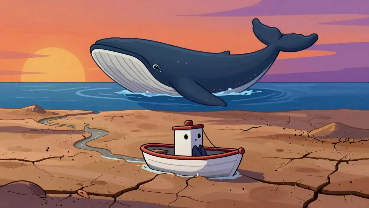 Small cartoon boat stuck in dry sand next to a deep ocean with a whale, symbolizing liquidity risk.