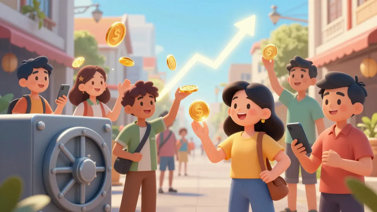 Stylized crowd using crypto safely in a vibrant city setting