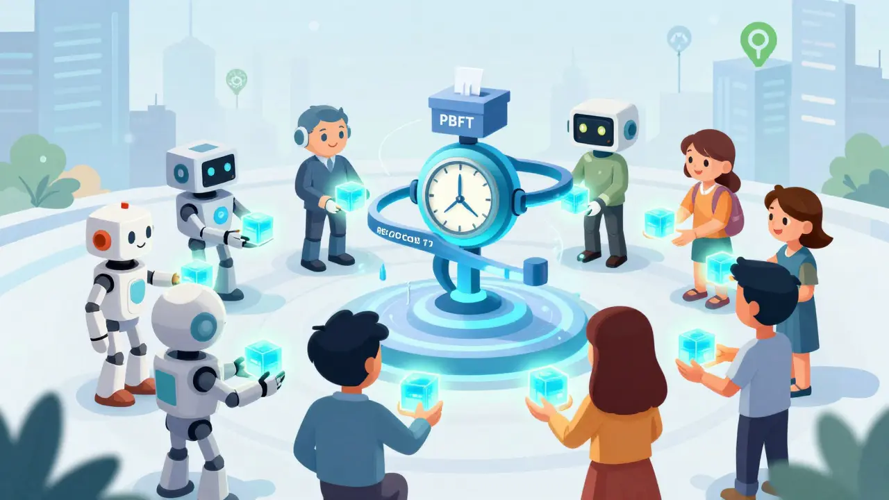 Stylized robots and humans collaborating on a hybrid blockchain system