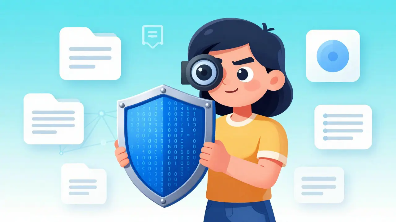 User protecting digital privacy with a shield against surveillance.