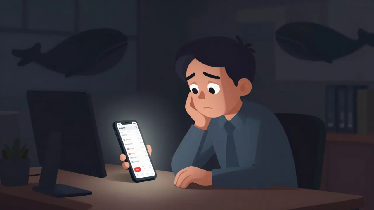 Worried investor checking phone with looming shadows in dark room