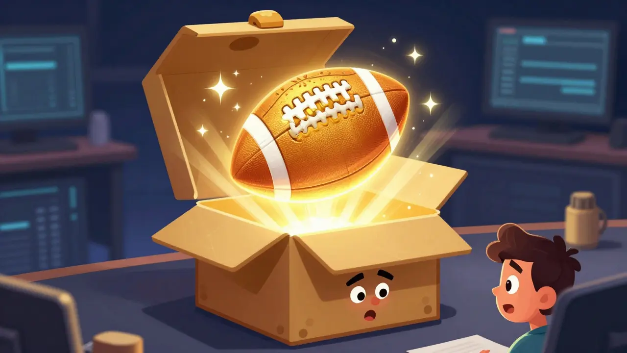 A glowing golden football NFT emerging from a mystery box on a desk