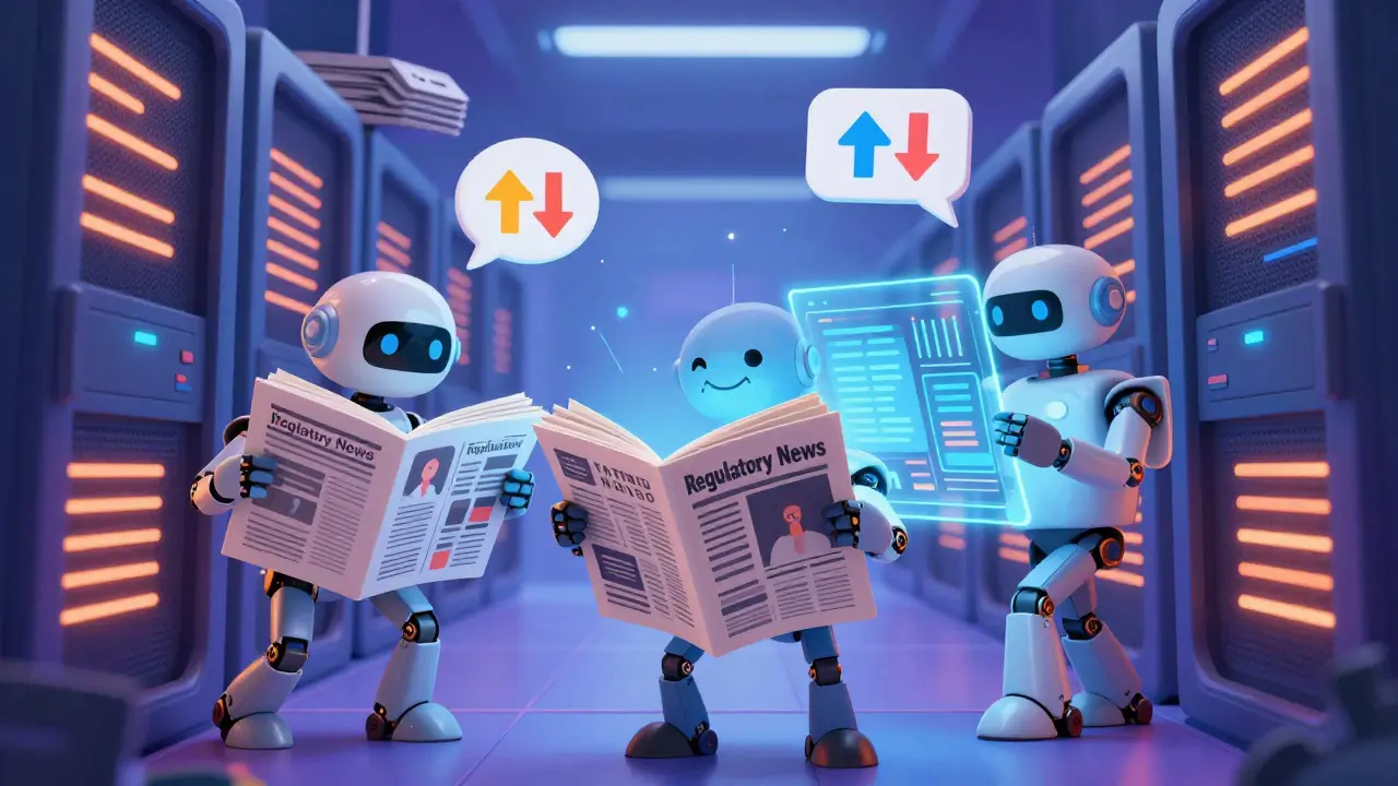 AI robots analyzing news headlines in a futuristic data center