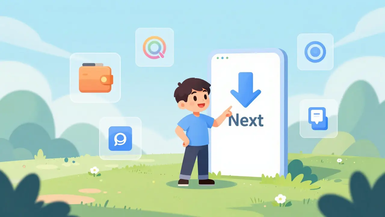Cartoon character navigating digital steps for a web3 sports campaign entry