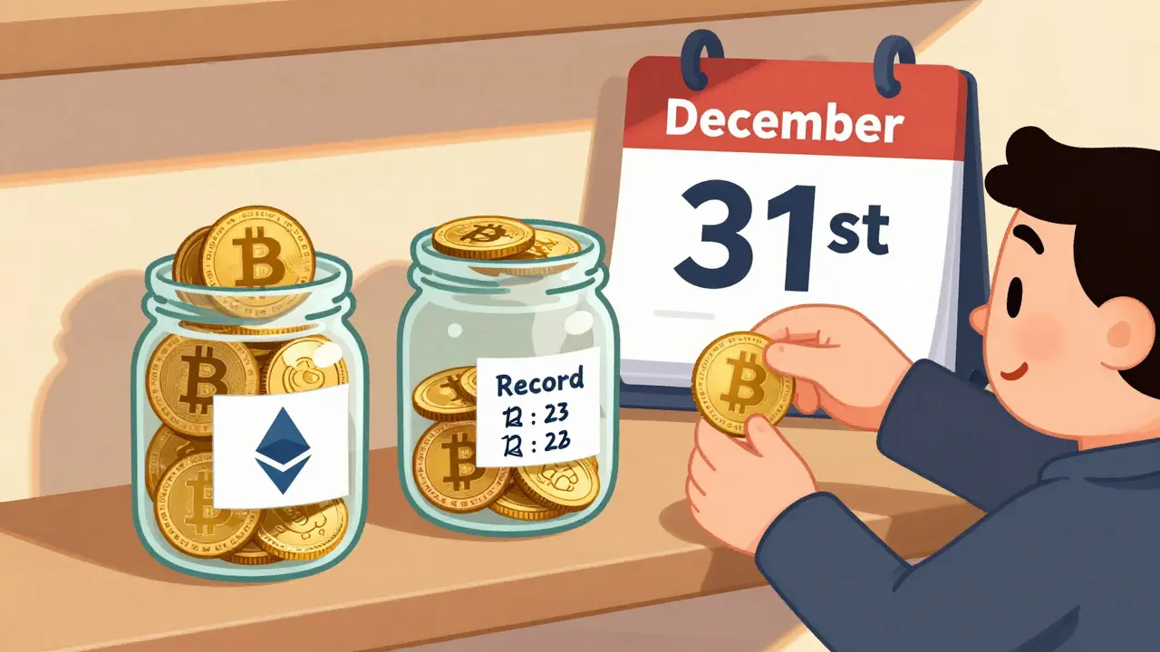 Cartoon character organizing crypto tokens in jars for year-end tax valuation compliance