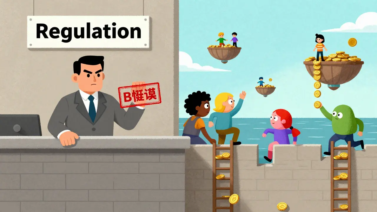 Cartoon characters bypassing regulatory walls to use offshore exchanges