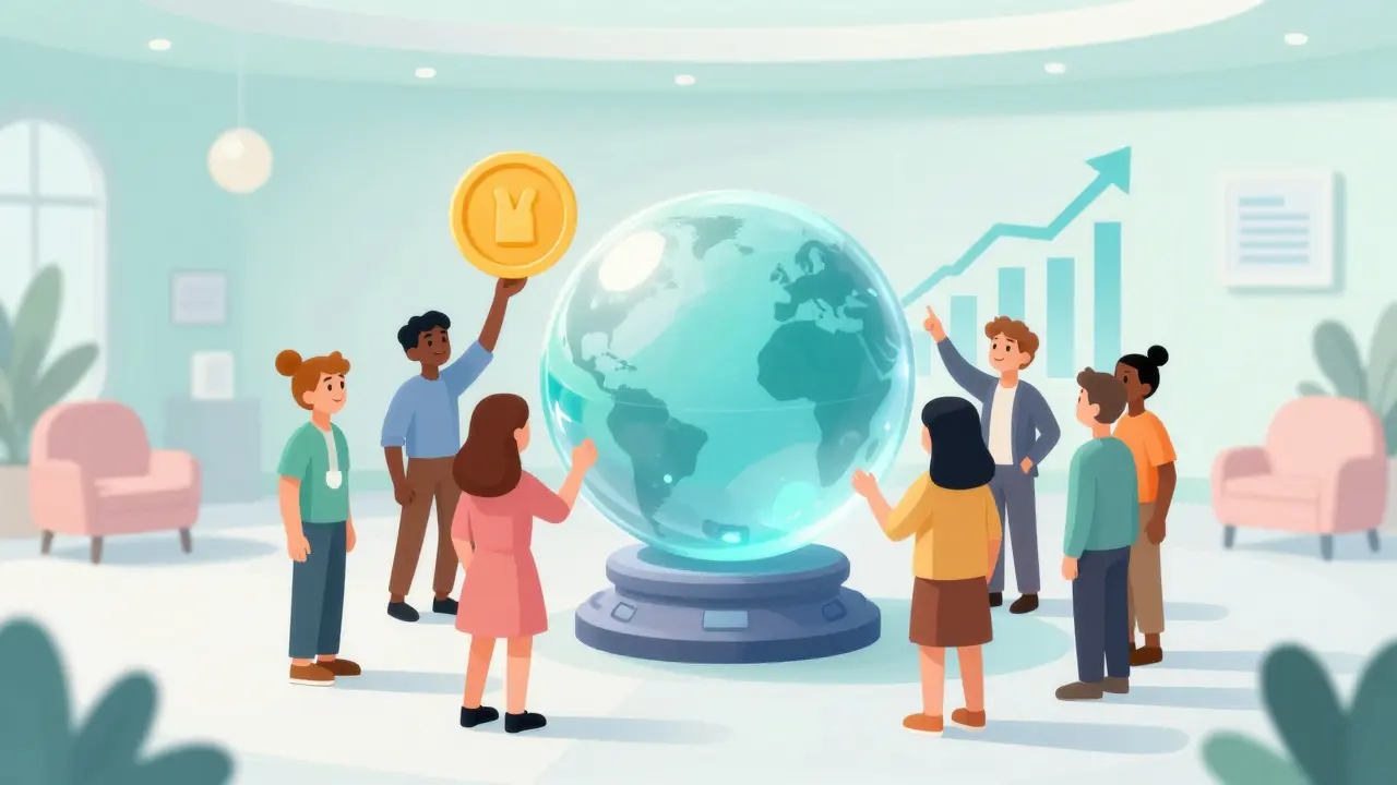 Cartoon characters interacting with a governance crystal orb in a community hub.