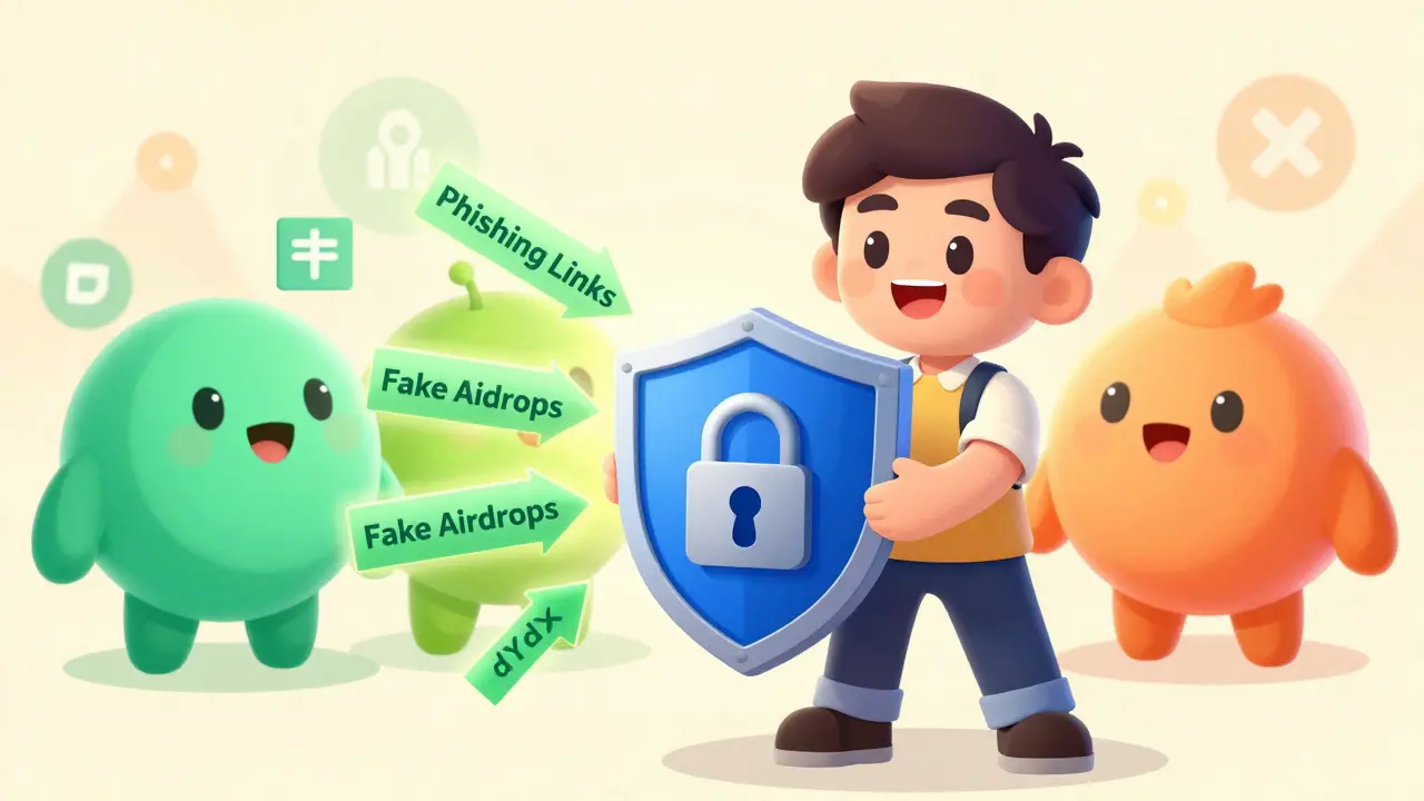 Cartoon depicting wallet security measures against crypto phishing scams.
