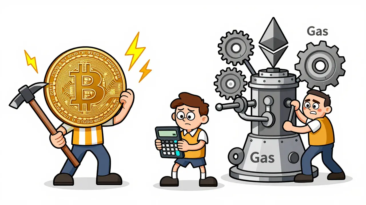Cartoon showing Bitcoin miners and Ethereum validators explaining different fee structures.