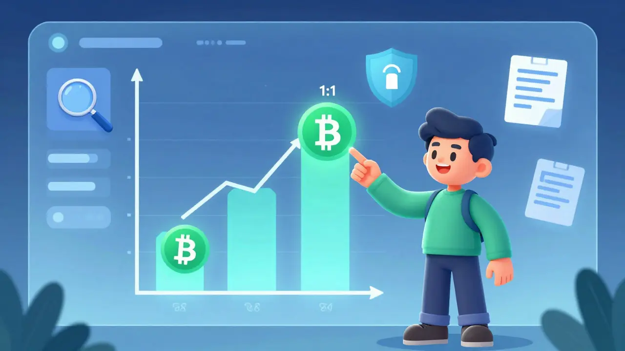 Cartoon showing verified 1:1 reserve ratio on a dashboard