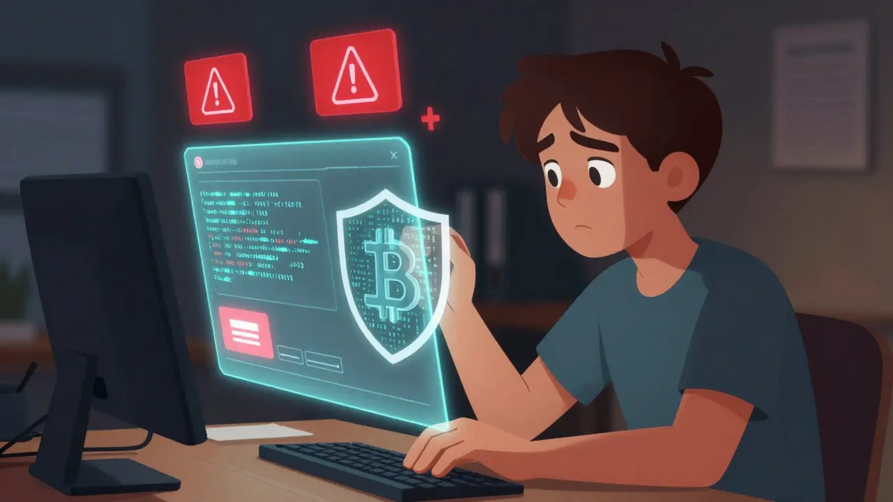 Cartoon user protecting their crypto wallet from scams using a shield of code symbols.