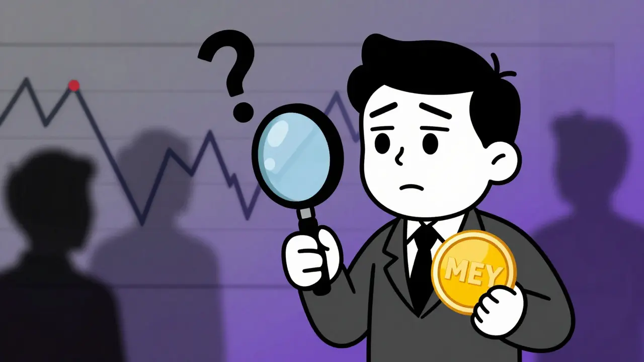 Character analyzing crypto market risks with a magnifying glass