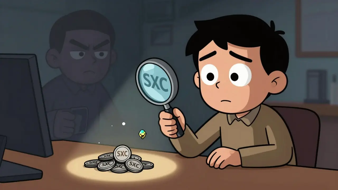 Character analyzing small crypto tokens with magnifying glass