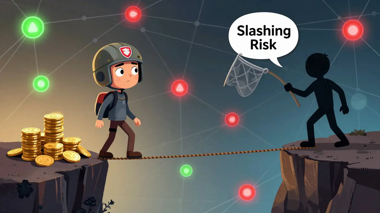 Character balancing yield rewards against slashing risks on a tightrope