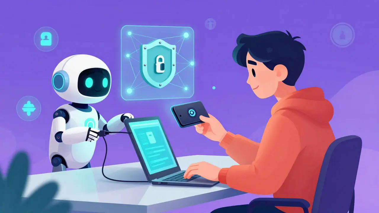 Developer using AI assistant and hardware wallet to set up crypto payments in CalArts style
