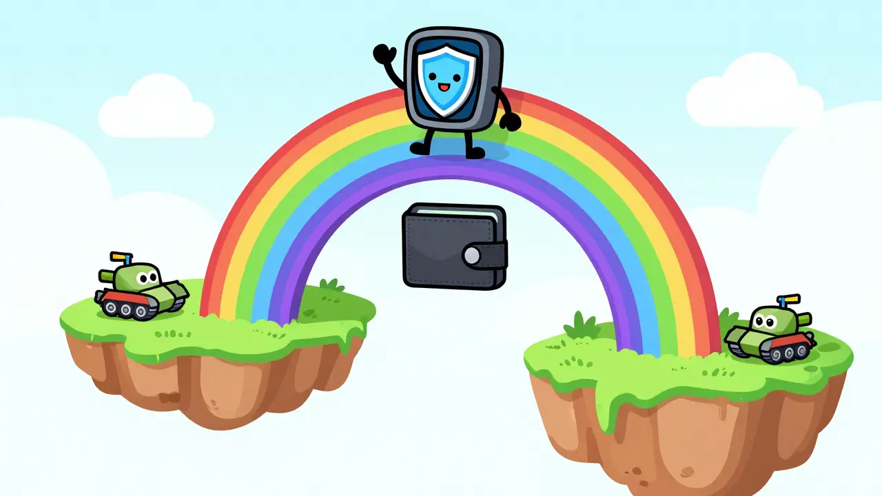 Friendly wallet character bridging NFTs across chains on a rainbow arch.