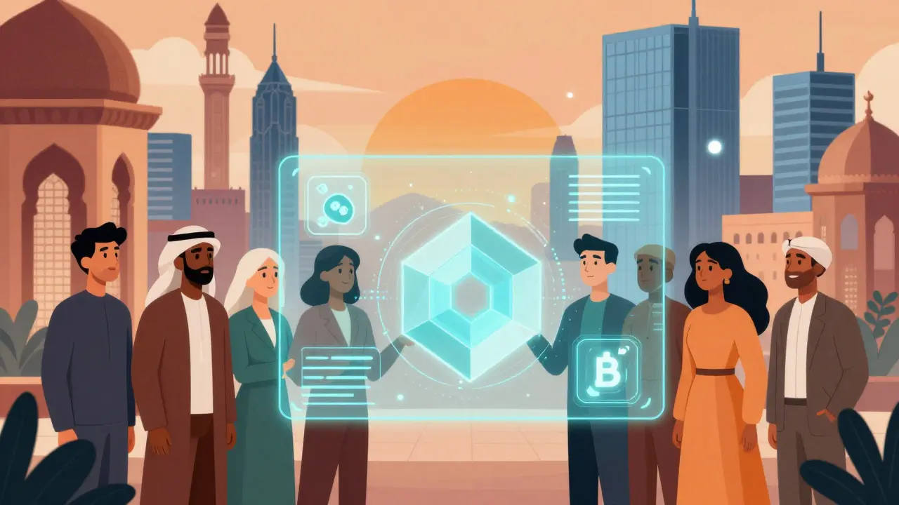 Futuristic scene blending Islamic architecture with digital finance