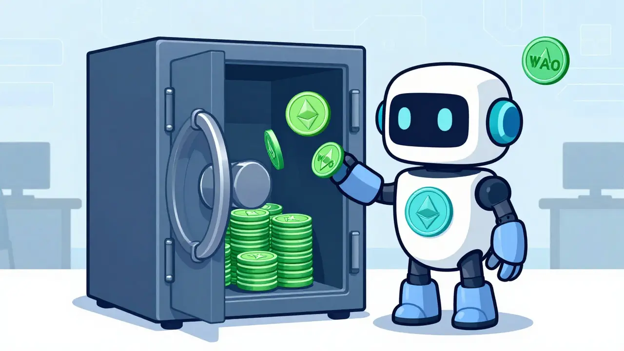 Illustration of a secure vault holding native TAO while minted WTAO tokens float outside.