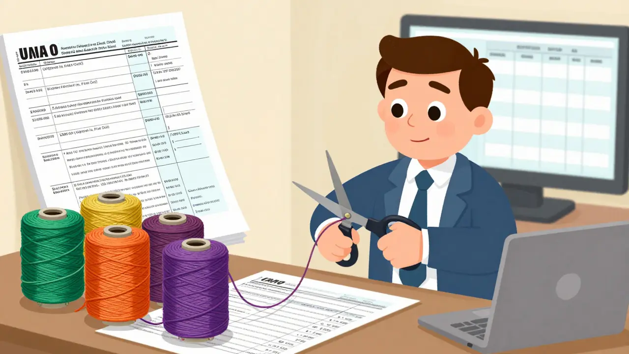 Illustration of an accountant sorting transaction threads to calculate crypto tax basis.