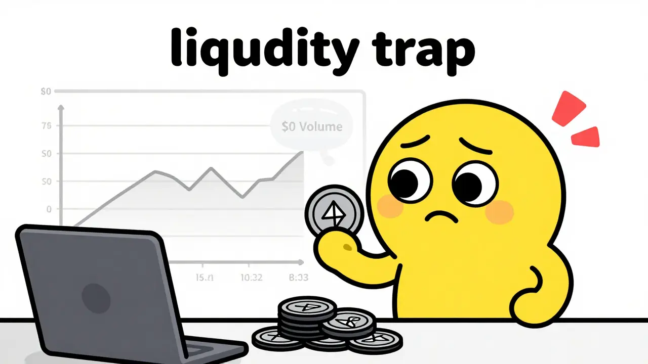 Illustration of trader stuck unable to sell low-liquidity ETHB token