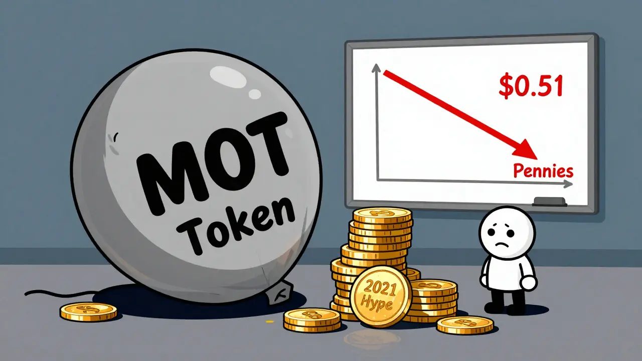Illustration showing the massive price drop of the MOT token since 2021.