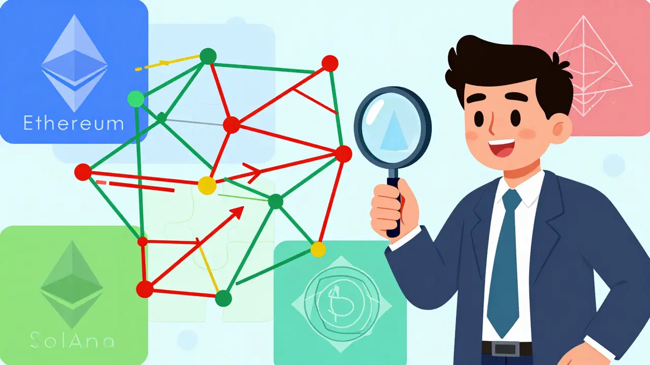 Investigator analyzing a colorful web of blockchain transaction nodes