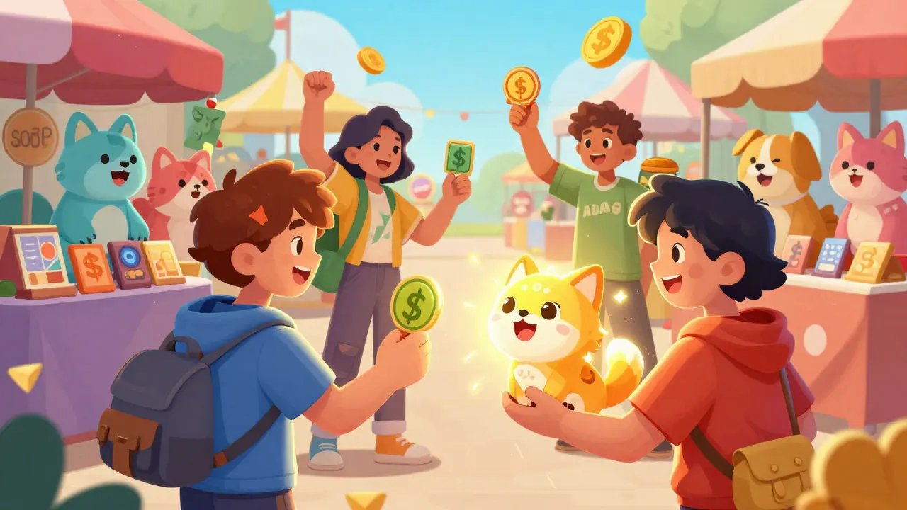 Lively marketplace scene with characters trading colorful digital pets and tokens.