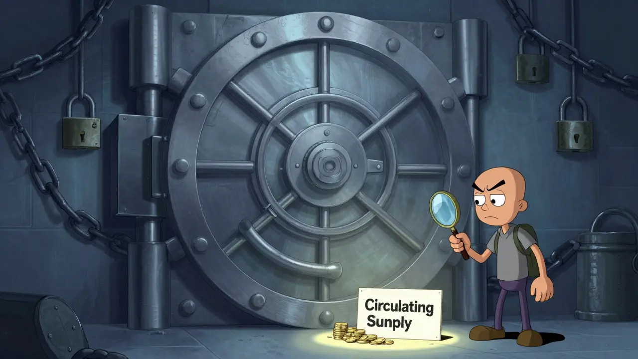 Massive locked vault with tiny circulating supply, illustrating BAMP tokenomics imbalance.