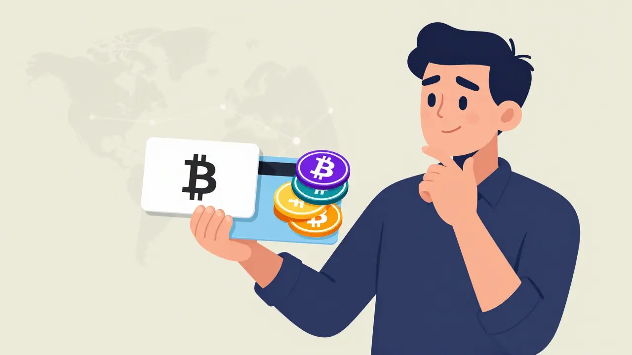 Merchant choosing between single-currency and multi-crypto payment gateways in illustration