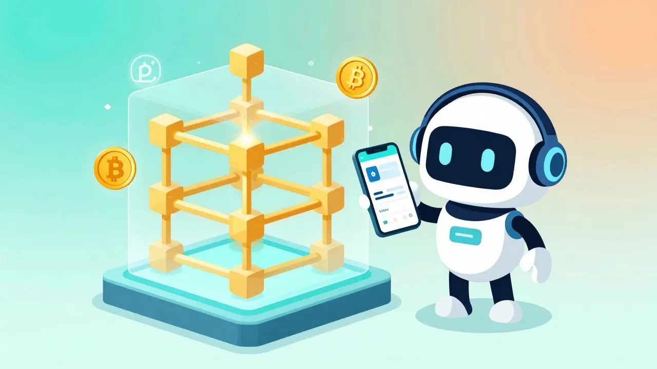 Robot explaining blockchain tech with glowing chain links