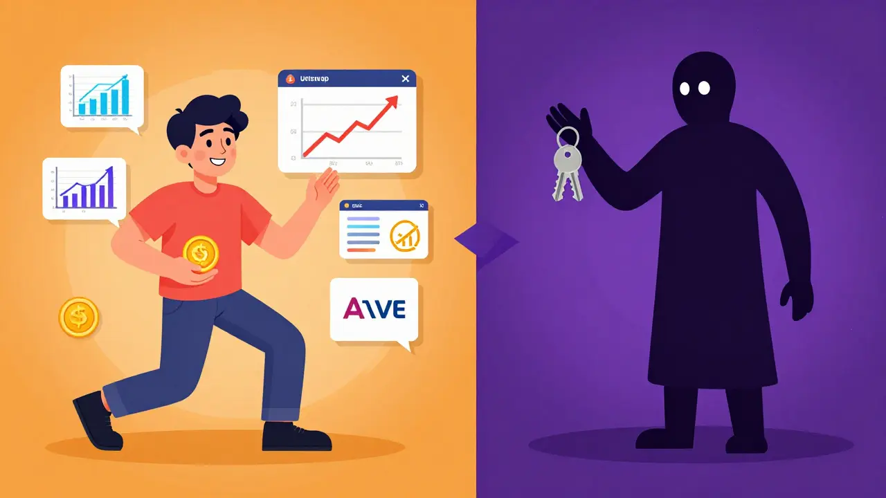 Split cartoon showing DeFi benefits of WTAO versus the centralization risk of the bridge operator.