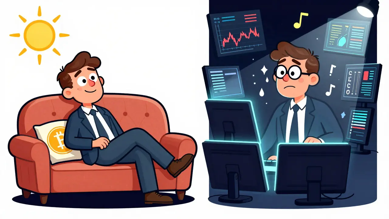 Split screen cartoon comparing relaxed private investor vs stressed professional crypto trader