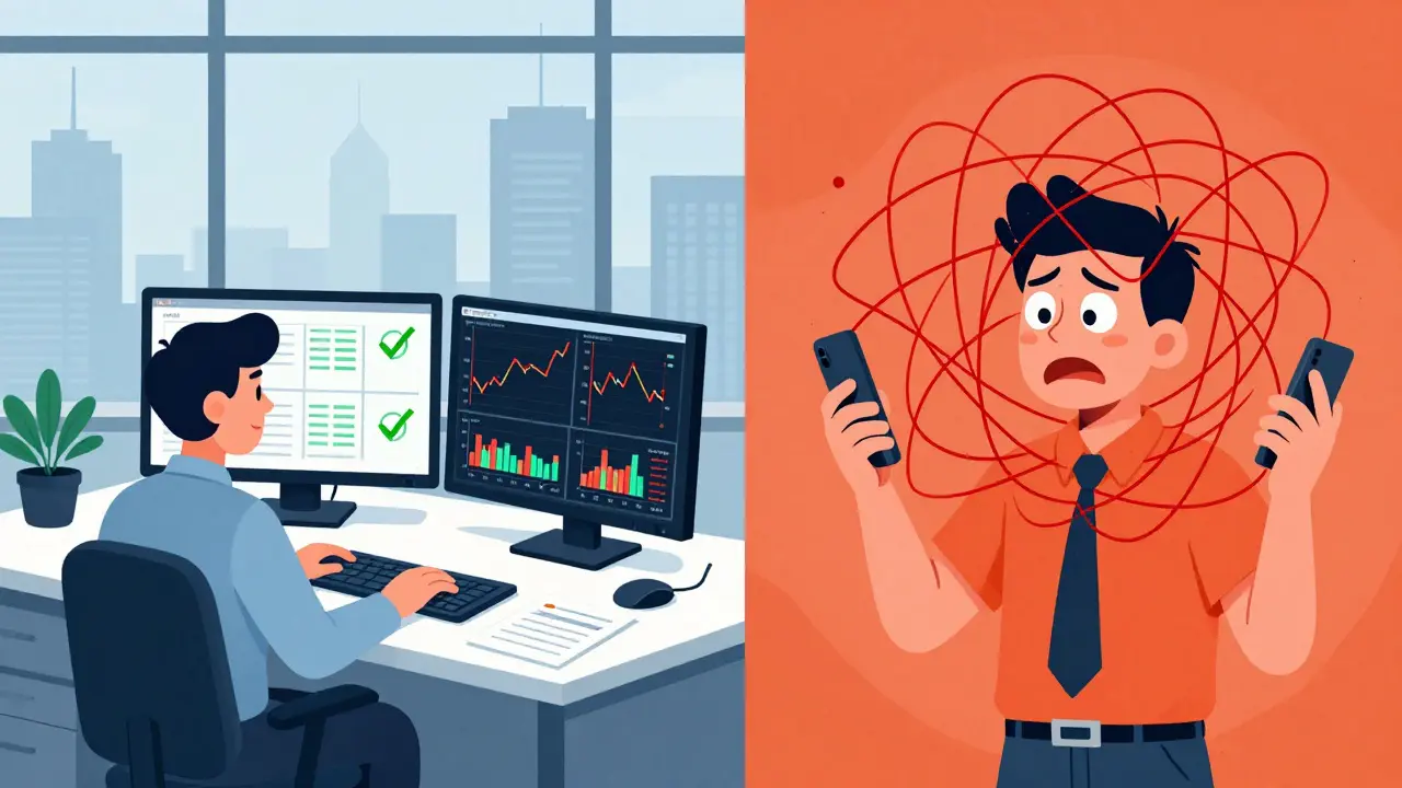 Split view comparing calm pro trader vs stressed retail trader