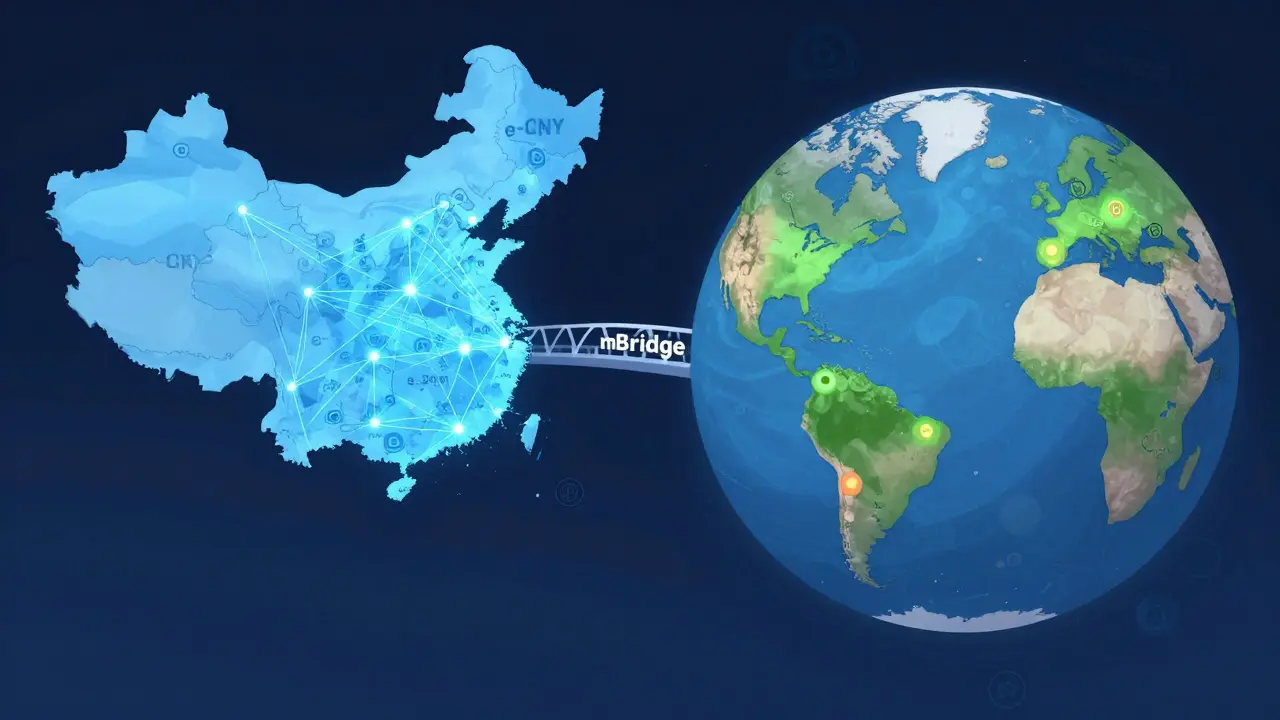 Split world map showing e-CNY network vs global crypto