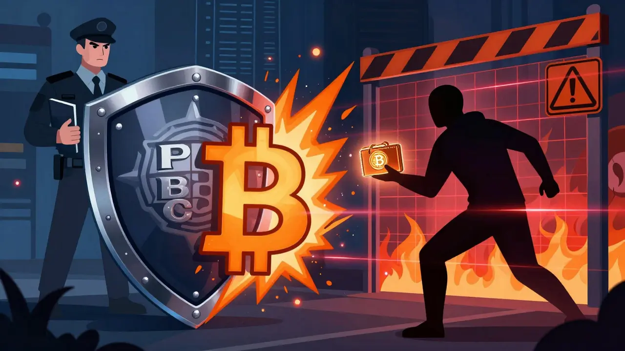 State shield blocking bitcoin at a border checkpoint
