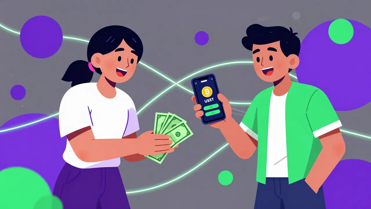 Two people exchanging cash for crypto in a digital P2P setting