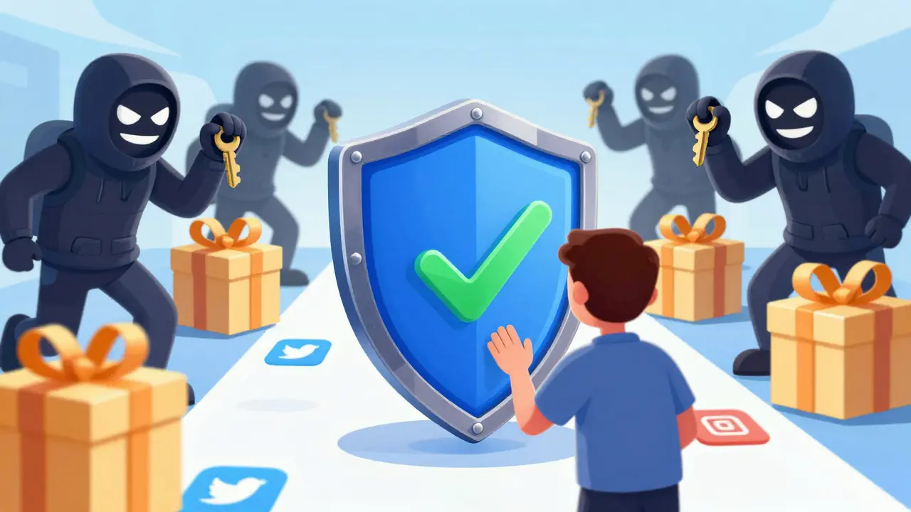User protected by security shield against scammer characters offering fake free tokens.