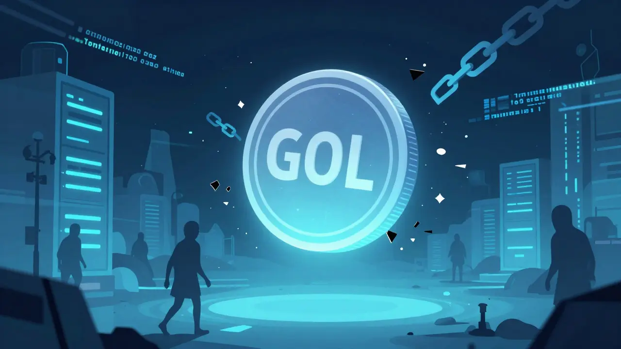 A glowing crypto coin hovering in a dark, glitching digital void with shadowy figures.