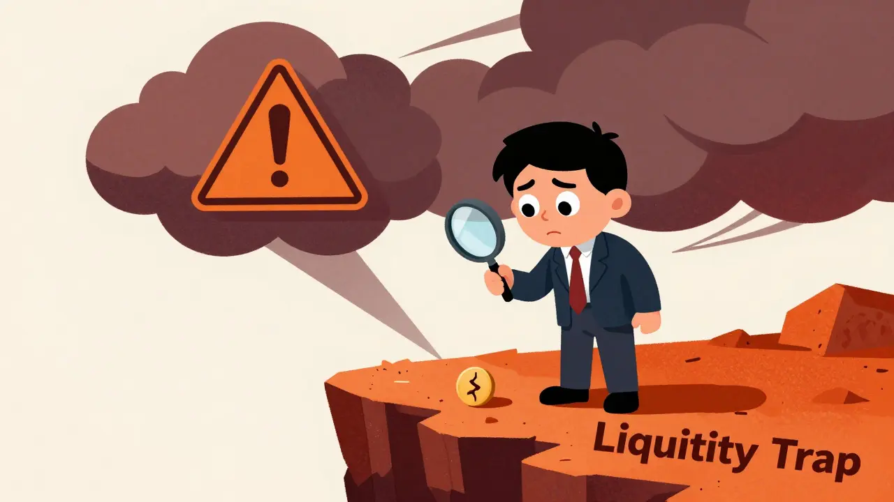 An investor inspecting a cracked token near a cliff edge under an ominous warning cloud.