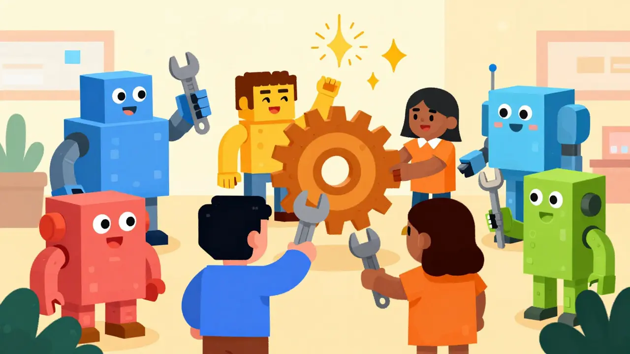Animated characters building colorful robot war machines in a pixel-art workshop.