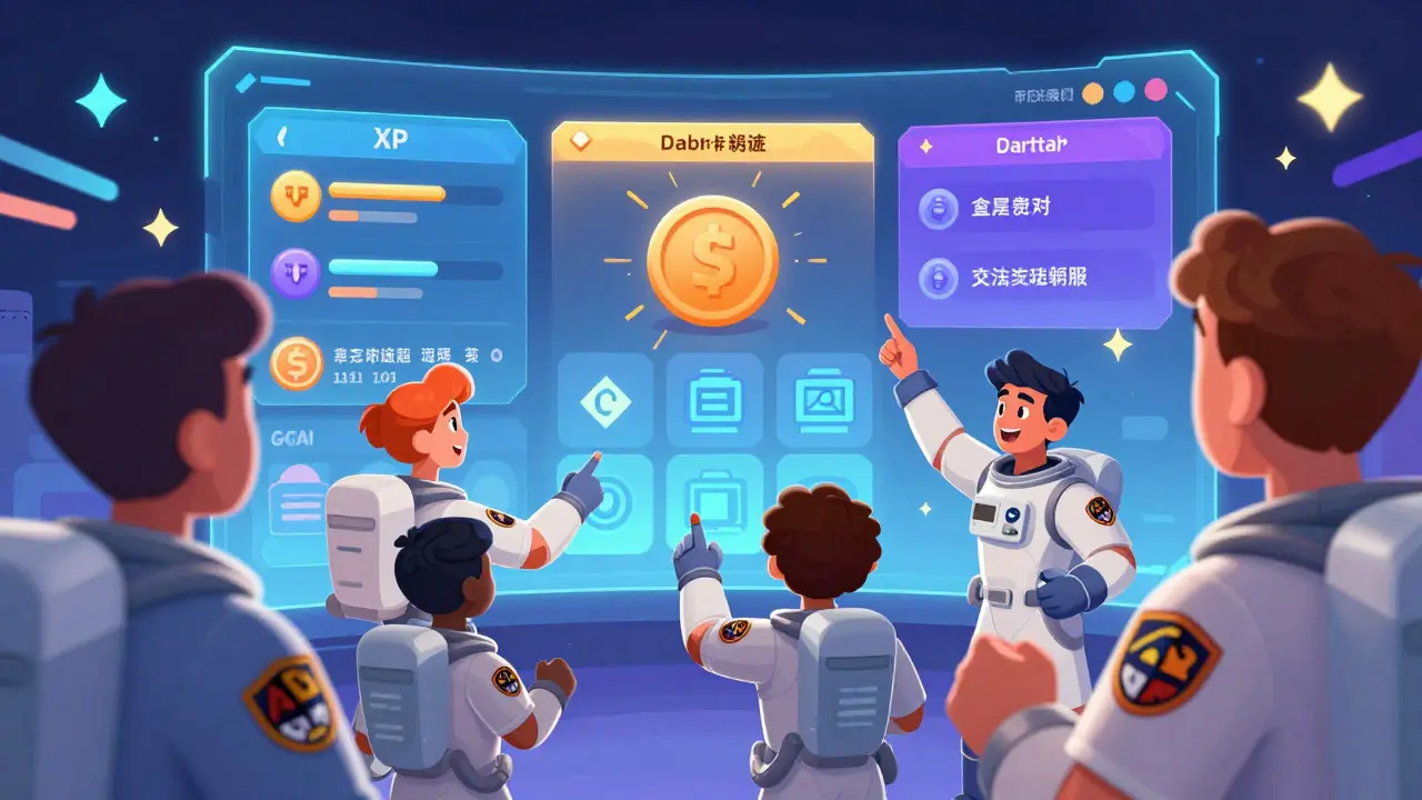Animated characters gaming on holographic dashboards for XP
